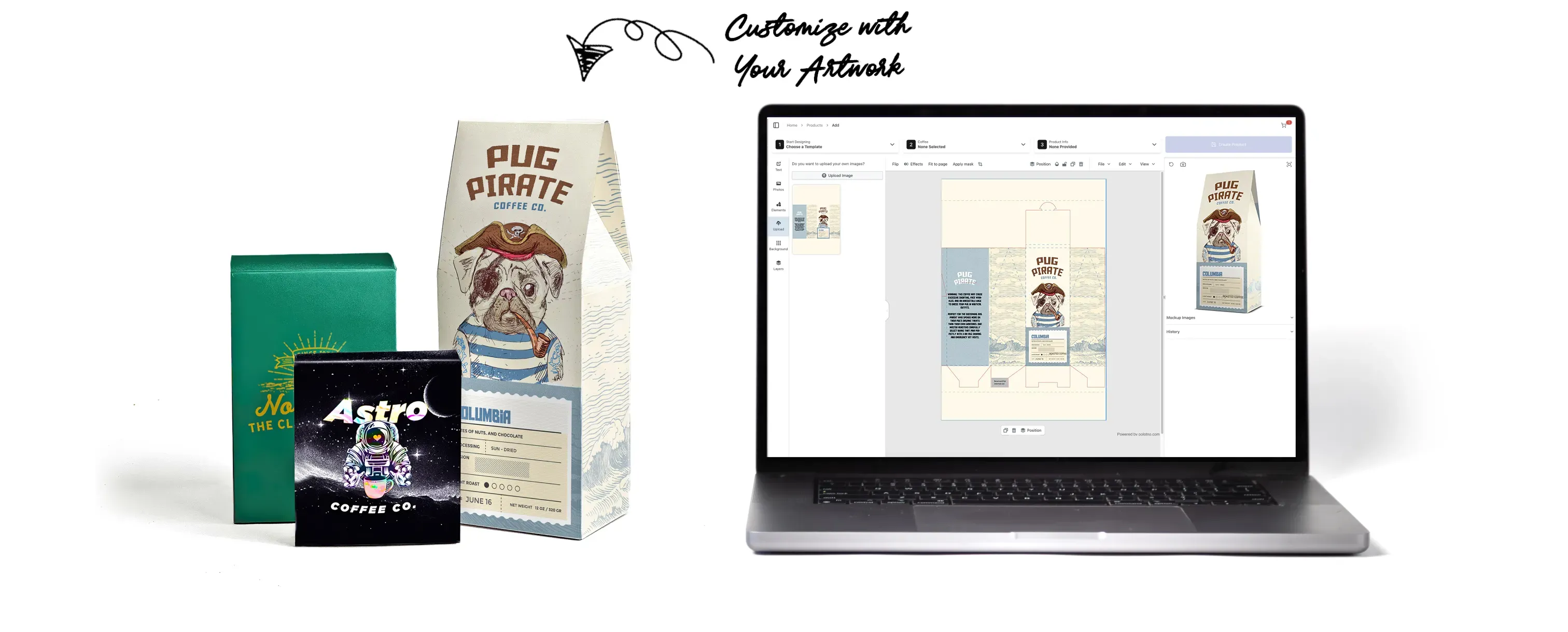 Coffee packaging design interface mockup