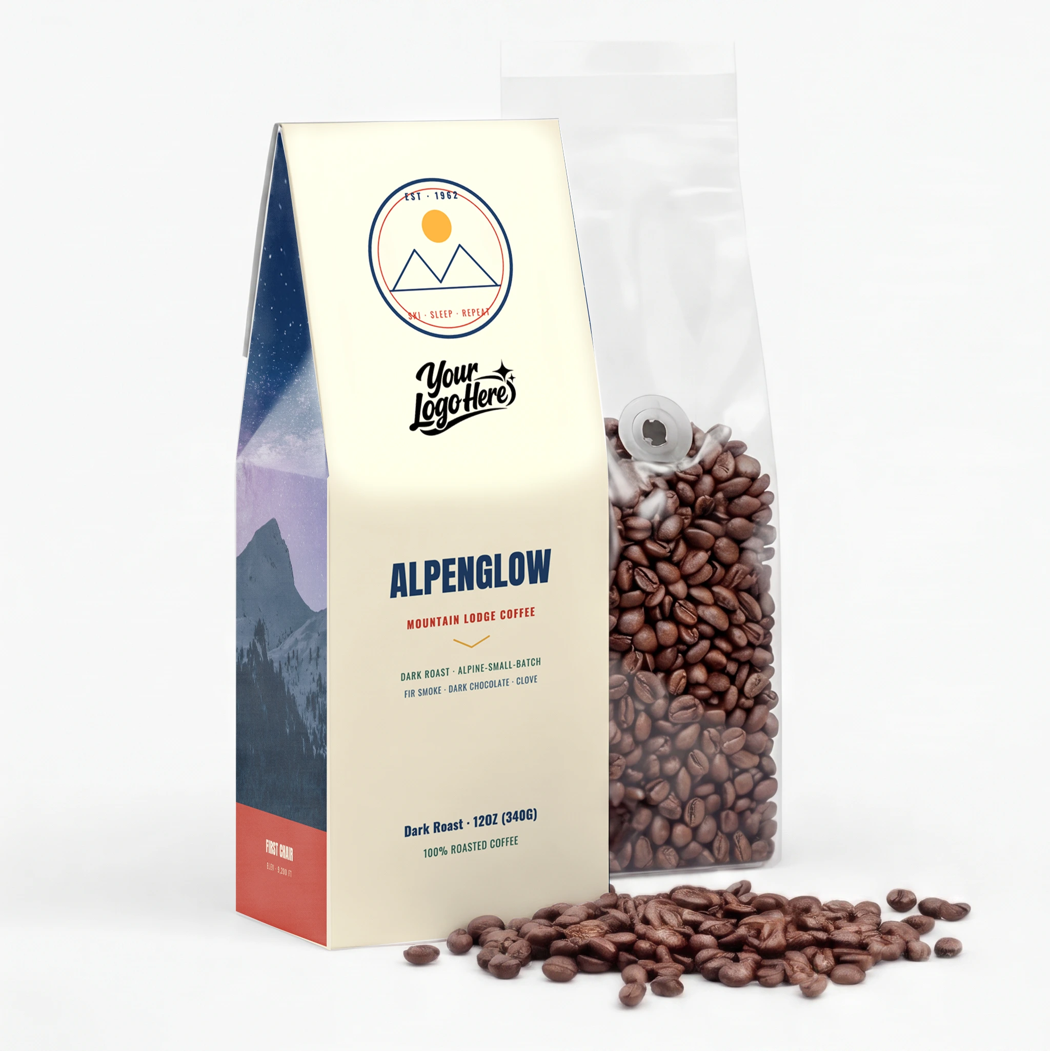 Alpenglow coffee bag template — outdoors style
