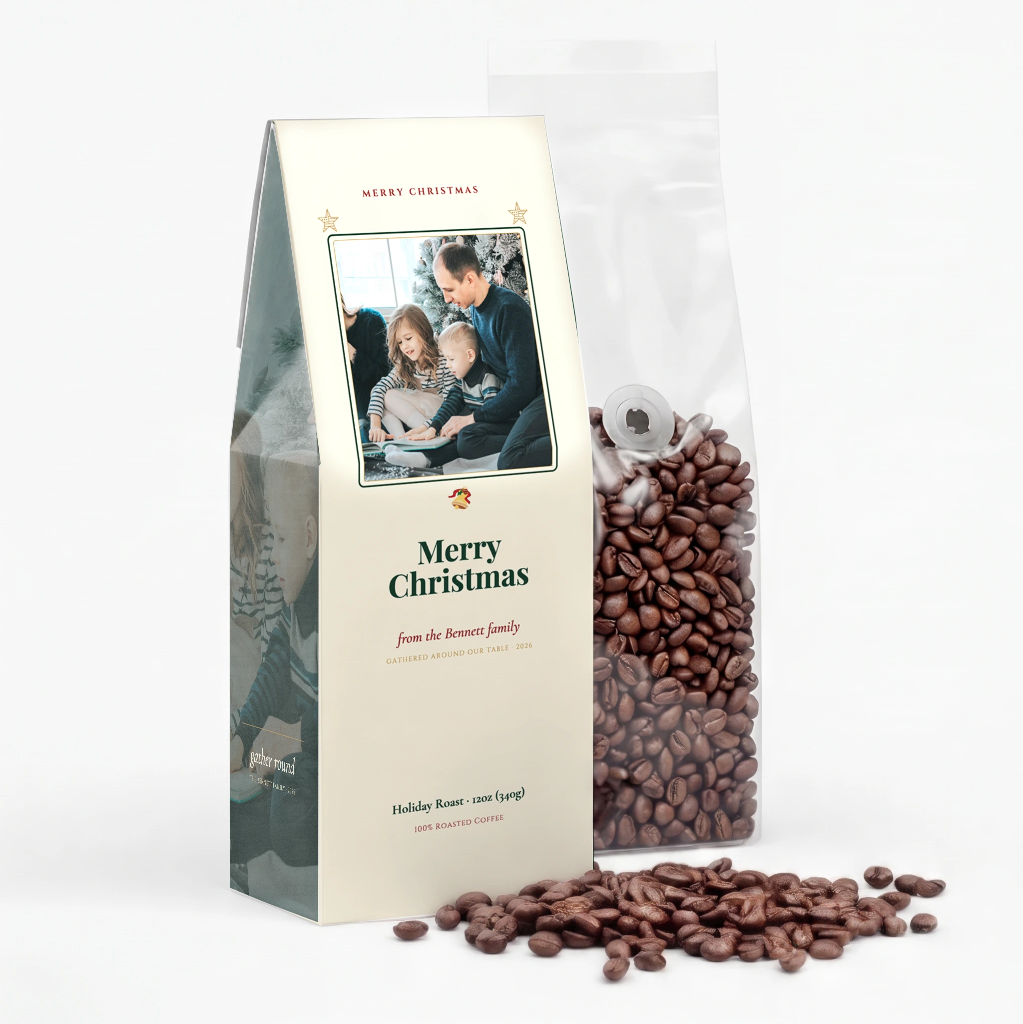 Hearth & Holly coffee bag template — holiday style